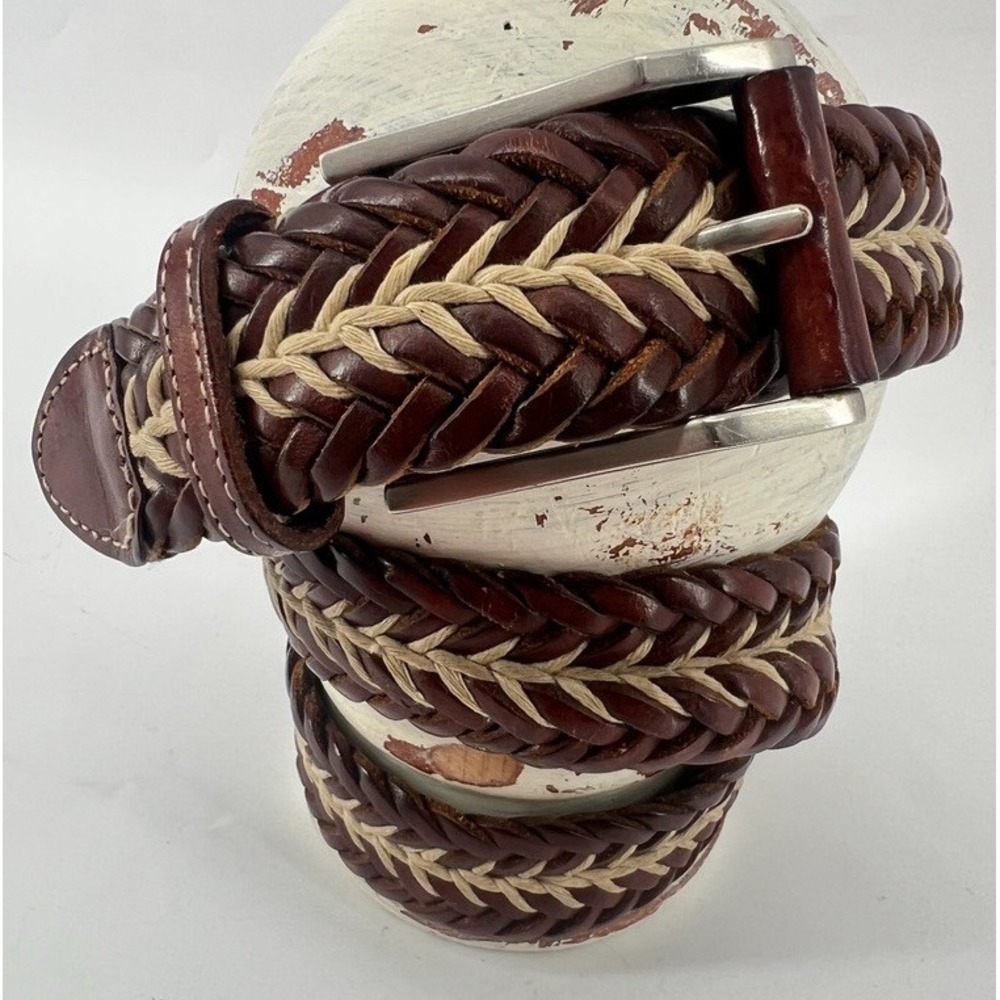 Tommy Bahama Mens Braided Leather Belt 36 Brown Rope Fabric Inlay Fishbone B7608